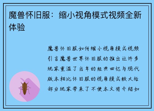 魔兽怀旧服：缩小视角模式视频全新体验