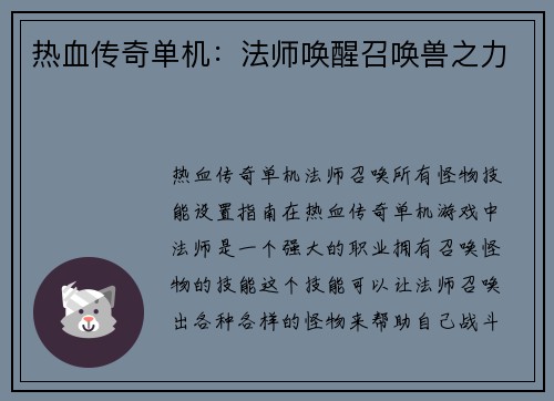 热血传奇单机：法师唤醒召唤兽之力